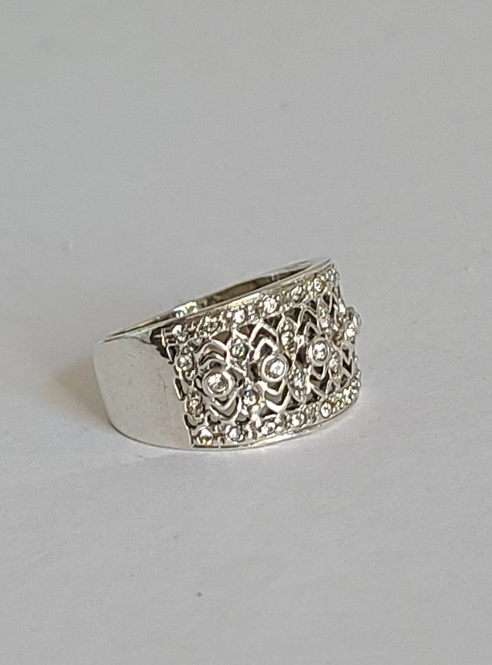 Elegant Sterling Silver CZ Rhinestone Crystal Filigree Chunky Wide Band Ring 6 - Picture 10 of 15